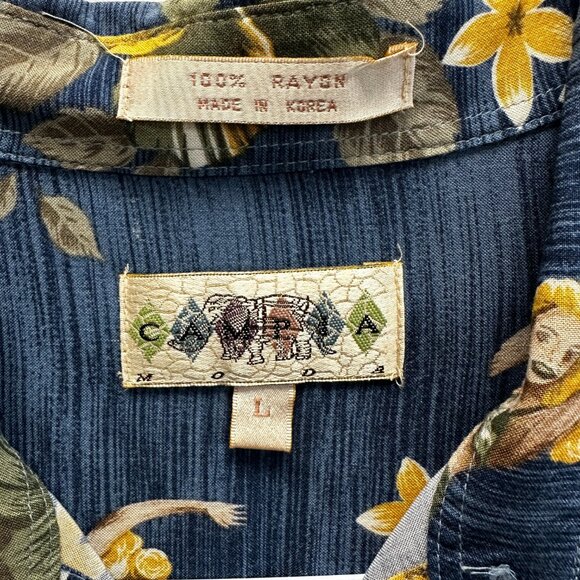 Campa Moda VTG 80s-90s Rayon Hawaiian Shirt Pinup Girls Blue Floral Korea L - Picture 2 of 7